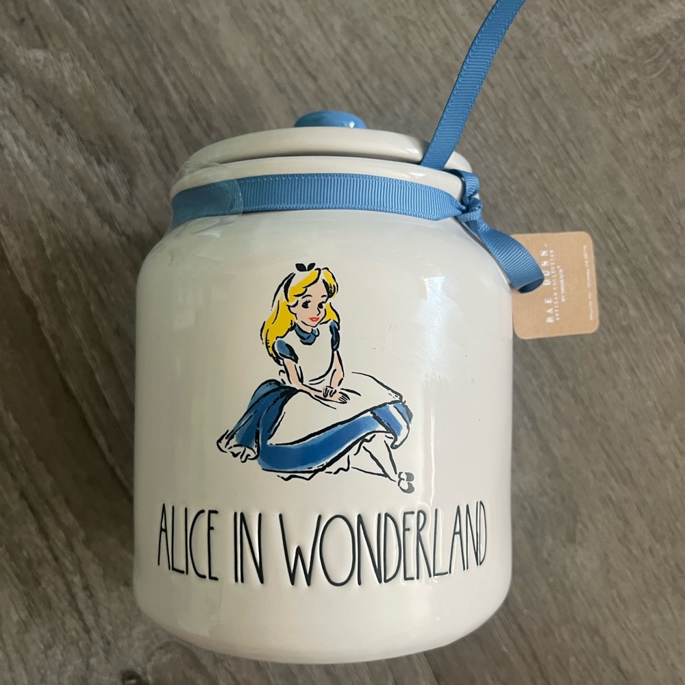 Rae Dunn Alice in Wonderland 7” Ceramic Jar with Blue Ribbon